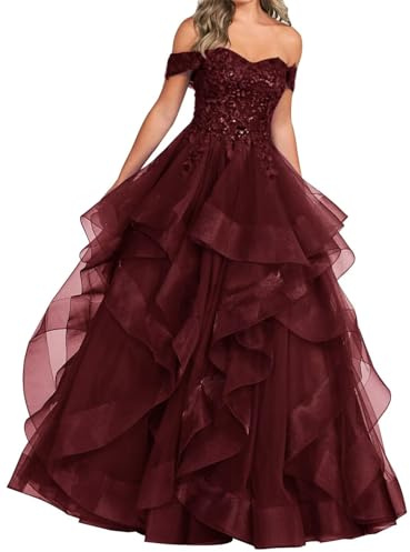 ORRCIGH Lace Applique Prom Dresses Off Shoulder Bridesmaid Dress Layered Tulle Corset Wedding Formal Evening Gown WPX037 Burgundy UK16