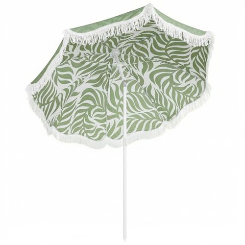Outsunny 1.8 m Beach Umbrella Parasol with Sand Anchor, Portable 30° Tilting Fringed Garden Parasol Patio Sun Shade with Adjustable Height, Carry Bag, UV Protection, Leaf Print, Green