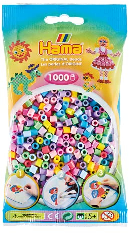 Hama Perlen 207-50 Bügelperlen Beutel mit ca. 1.000 bunten Midi Bastelperlen mit Durchmesser 5 mm im Pastell Mix, kreativer Bastelspaß für Groß und Klein
