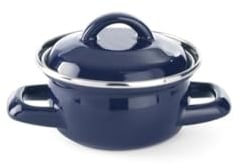 HENDI Cazuela con tapa, olla, para sopas y salsas, para cocinar y servir, sólo apta para cocinas de gas, 0.6L, ø120x(H)95mm, acabado esmaltado azul, reborde de acero inoxidable