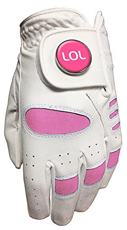 JUNIOR GIRLS PINK GOLF GLOVE. SIZE MEDIUM.  LOL LAUGH OUT LOUD  CRESTED GOLF BALL MARKER. RIGHT HAND GLOVE FOR A LEFT HANDED GOLFER.