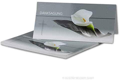 25x Danksagungskarten Trauer DIN LANG - Doppelkarten aufklappbar - Trauerkarten mit Motiv Trauerblume mit Blatt mit DANKSAGUNGS Schriftzug - würdevolle Dankeskarte