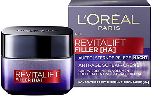 L'Oréal Paris Nachtpflege, Revitalift Filler, Anti-Aging Gesichtspflege, Anti-Falten und Volumen, Hyaluronsäure-Konzentrat, 2 x 50 ml