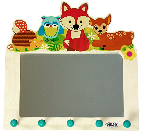 Hess Holzspielzeug 30501 Garderobe aus Holz, Motiv Waldtiere, mit Wandspiegel und Haken, für Kinder, ca. 37 x 35 x 8 cm, handgefertigt, als Blickfang in jedem Kinderzimmer und Flur mehrfarbig