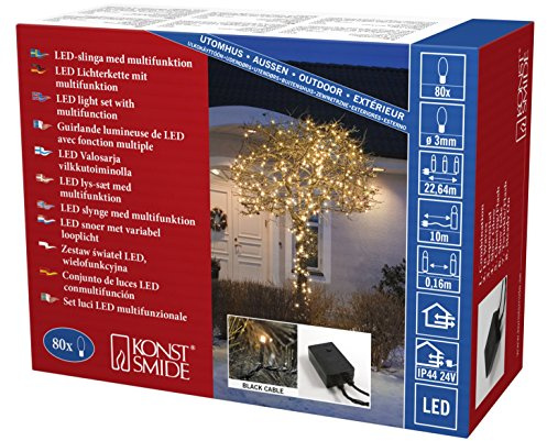 Konstsmide Micro LED Lichterkette, mit Multifunktion, 80 bernsteinfarbene Dioden, 24V Außentrafo, schwarzes Kabel - 3614-800