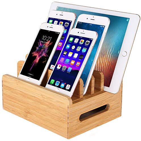 Bamboo Wood Multi-Device Desktop Charging Dock Station Charger Holder Cradle Stand Compatible for iPhone 16 15 14 13 12 11 Pro MAX XS XR X 8 Plus iPad 4 Mini Pro Air Tablets Samsung Smartphones