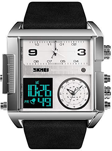 SKMEI Men's Digital Sports Watch, LED Square Large Face Analog Quartz Wrist Watch with Multi-Time Zone Waterproof Stopwatch (Silver Black)