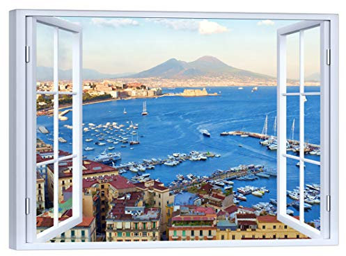 LuxHomeDecor Quadro Finestra sul golfo di Napoli Vesuvio 100x75 cm Stampa su Tela con Telaio in Legno Arredamento Arte Arredo Moderno