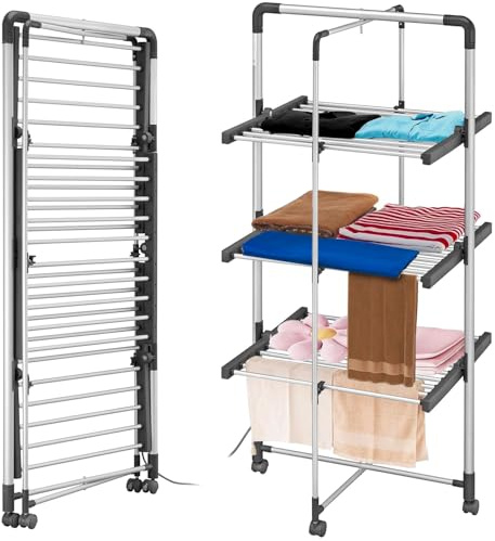 Wintem Elektrischer Wäscheständer, 300 W, vertikal, platzsparend, mit 3 Ablagen, kompaktes Design, 385 x 270 x 135 mm, effizient und praktisch für Zuhause und Reisen, Farbe Creme