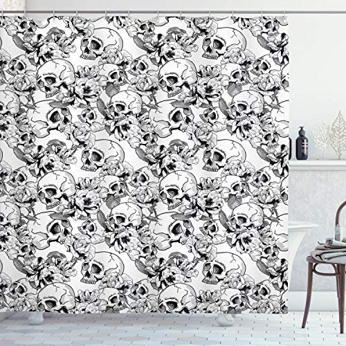 ABAKUHAUS Le Jour des Morts Rideau de Douche, Sketch crâne Mort, Tissu Ensemble de Décor de Salle de Bain avec Crochets, 175 cm x 240 cm, Noir et Blanc