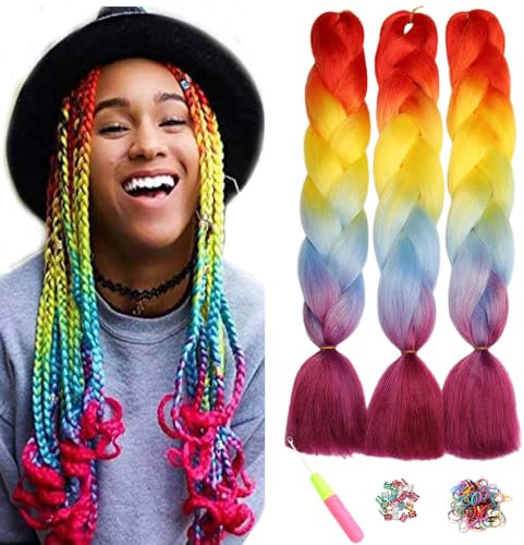 ShowJarlly Kunsthaar Haar, Haar Braids Extension, Ombre Jumbo Braid Haarverlängerung 24, Zöpfe Box Braid Haar Kunsthaar Haar Zum Einflechten Orange/Gelb/Blau/Lila Rot#