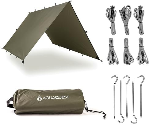 AquaQuest Safari wasserdichte Camping-Plane - Leichter Sonnenschutz oder Regenschutz - Wandern, Rucksackreisen & Hängematte, 3 x 2 m Olivgrun Kit