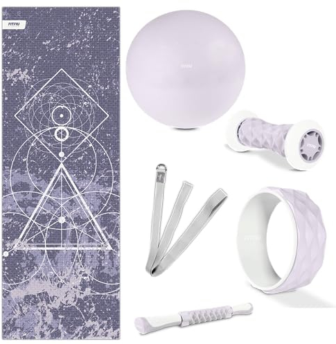 FITFIU Fitness KITWELL-600-6er-Pack Yoga-Pilates-Zubehör mit Matte, Ball, Rad, Fußmassagegerät, Massagestab und Yogagurt