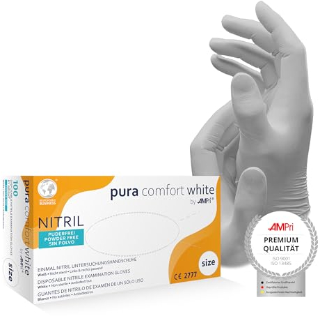 AMPri Nitrilhandschuhe, weiß, 100 Stück/Box, Größe L, puderfrei, Puracomfort white: Nitril Einmalhandschuhe in den Größen XS, S, M, L, XL erhältlich