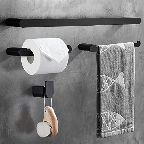 Wopeite Accesorios Baño Set de 4 Piezas, Toalleros de Aluminio 40cm, de Pared Toallero de Papel y Gancho para Toalla, Negro