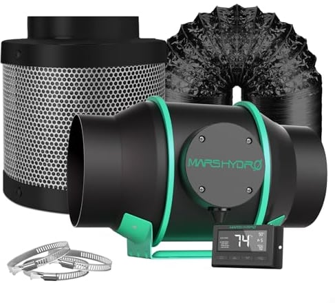 MARS HYDRO 6 Inch Inline Fan and Filter, with Temperature and Humidity Controller, and 25 Feet Ducting, Exhaust Fan for Grow Tents, Hydroponics