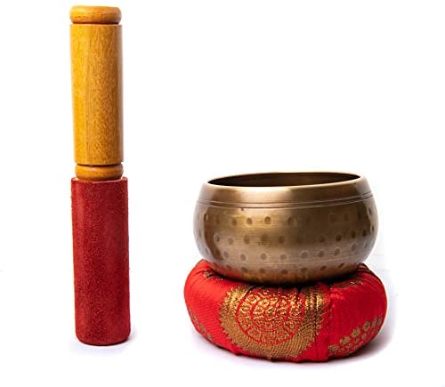 Tibetische Klangschale Meditation Klangschale handgefertigt für Heilung, Chakra-Balancing, Positivität, Angst, Stressabbau, mit Holzklöppel und Kissen, 8,9 cm