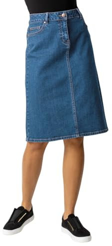 Roman Originals Denim Skirt with Pockets for Women UK - Ladies Jean Skirts Cotton Stretch Mid Wash Fitted A Line Casual Smart Work Office Knee Length Flattering Slimming - Indigo - Size 16