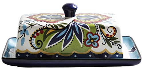 YARNOW Ceramic Butter Dish with Lid, Creative Floral Pattern, Elegant Food Storage Container for Home Use, 7.9 x 4.5 x 2.7 Inch