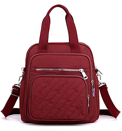 PORRASSO Sac à Dos Mode Sac D'épaule Femme Sac à Main avec Port de Chargement USB Nylon Sac Bandoulière Daypack pour Travail Voyage école Usage Quotidien Vin Rouge