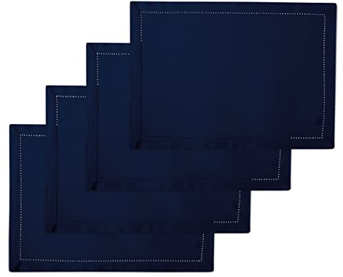 Encasa XO Tischsets Set aus 4 | Reine Baumwolle mit Hohlsaum-Design | Scotch Blue | Rechteckige 48x32 cm - Tischuntersetzer | Maschinenwaschbar