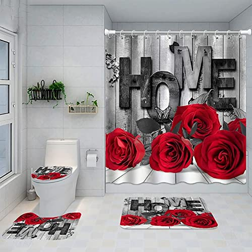4Pcs Rose Duschvorhang Set mit rutschfesten Teppichen Toilettendeckel und Badematte Valentinstag Duschvorhang-Sets Blumen Bad Vorhang Wasserdichter Polyester Duschvorhang für Badewanne mit 12 Haken