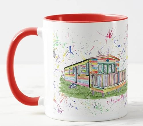 Vixar Caravan Static Holiday Home Watercolour Art Coloured Mug Cup Gift Birthday Work Office Christmas Tea Coffee (Red)
