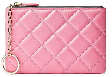 DORIS&JACKY Weiches Lammfell-Leder-Münzgeldbörse, klein, gesteppt, RFID-blockierend, Reißverschluss, Geldbörse mit Schlüsselanhänger, Pink, Modisches Accessoire