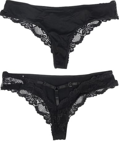 ohyeahlady Thong Schwarz Unterhosen Damen 2er Packs Panty Spitze String Tanga Set Brazilian Slip Große Größen Reizwäsche(Schwarz,XS-S)