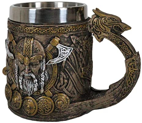 Ebros Gift Norse Mythology Viking God Thor Odinson Mjolnir Hammer With Longship Dragon Boat Coffee Mug 13oz Resin Drink Cup Tankard Beer Stein With Stainless Steel Liner For Kitchen Home Bar Decor