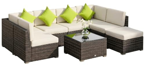 Outsunny 8 Pieces PE Rattan Corner Sofa Set Garden Furniture Set Brown | Outdoor Patio Wicker Sofa, 7 Seater, Cushion, Washable Cushion Cover, Tempered Glass Table