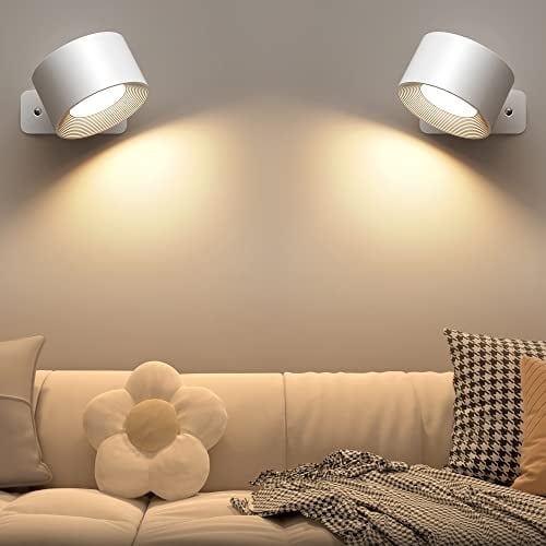 Mexllex Wandleuchte Innen 2 Stück, Wandlampe mit USB-Aufladung, 3 Farbe und 3 Helligkeitsstufen LED Wandleuchte Innen 360° Drehbare Touch Control Wandlampen Kabellose Wandleuchten (Weiss)