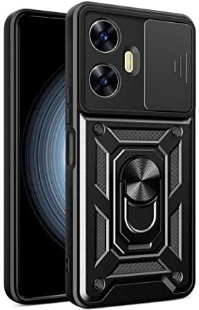 COMAKU Funda para Realme C55 4G, Militar TPU+PC Bumper Antigolpes Carcasa Rugged Caso, con Tapa Deslizante y Anillo Soporte - Negro