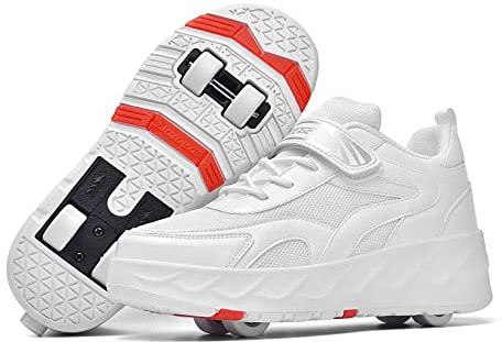 XRDSHY Schuhe Mit Rollen 2-in-1 Rollschuhe Kinderschuhe Skateboardschuhe Sneakers, 4-Rad Roller Skates Laufsportschuhe, Verstecktes Hinterrad,White-33 EU