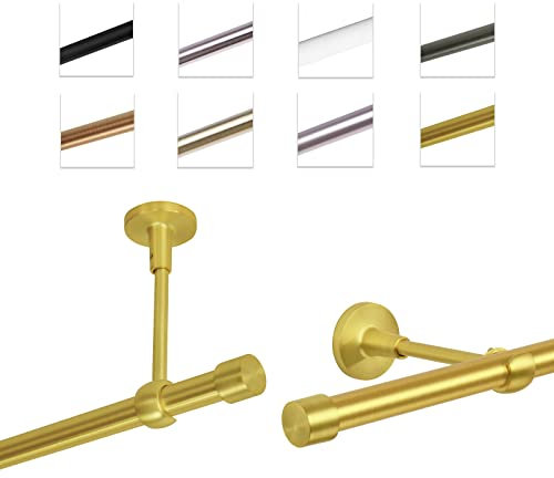 MDEKOR Gardinenstange 140 cm einläufig | Vorhangstange für die Wandmontage oder Deckenmontage Messing Gold aus Metall | Gardinenstangenset Ø 19mm