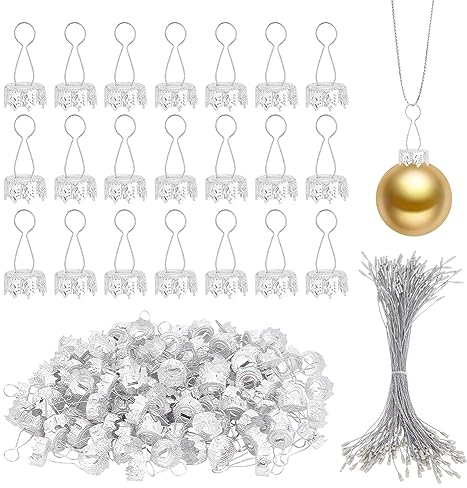 WEBEEDY 120 Pezzi Argento Rotondo Ornamento di Natale Tappi e Appendiabiti Set - Nastro Stringa, Ganci di Ricambio per Decorazioni Natalizie
