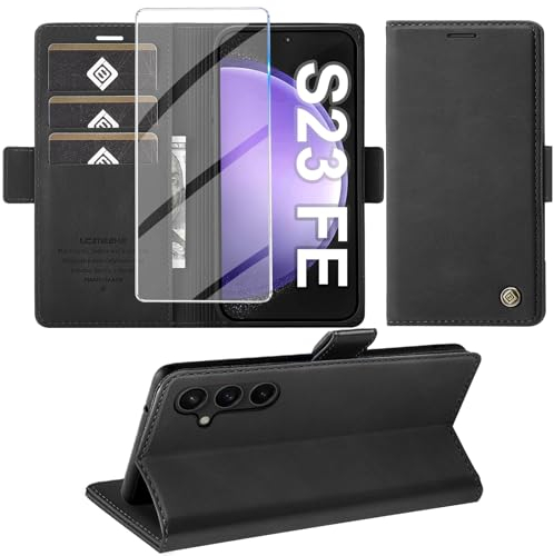 Giyer Handyhülle für Samsung Galaxy S23 FE Hülle mit Schutzfolie, Schutzhülle Galaxy S23 FE 5G PU Wallet Lederhülle Flip Case Ständer Kartenfach Klapphülle für Samsung S23 FE Tache Cover (Schwarz)