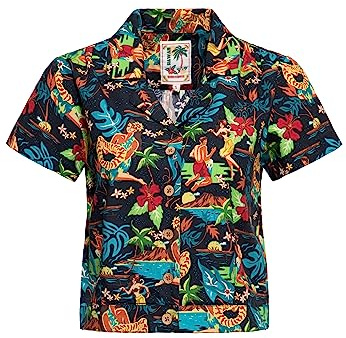 Queen Kerosin Damen Kurzarm Bluse Hawaiianische Bluse Hemdbluse Hemdshirt Reverskragen Alloverprint Kurz