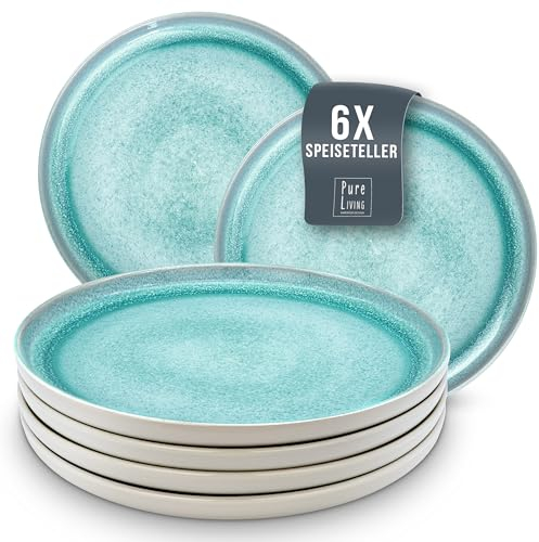 Assiettes Service de Table: Ensemble de 6 grandes assiettes en grès Ibiza - élégantes, compatibles lave-vaisselle et micro-ondes - Service vaisselle 6 personnes, Pure Living turquoise