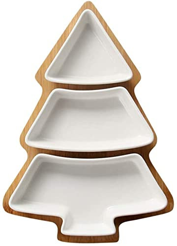VAKUUM Piatto da portata in ceramica di Natale rimovibile per albero di Natale, snack, antipasti, piatto da dessert piatto in porcellana con base in bambù per vacanze, matrimoni, feste a casa,