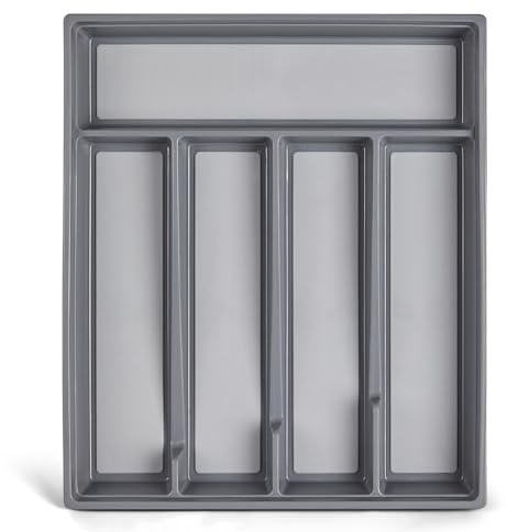 BEWOS Organizadores de Cubiertos de Plástico para Cajones de Cocina, Organizador de 5 Compartimentos para Cucharas, Tenedores y Cuchillos, Organizador Antideslizante para Cajones de Cubiertos, Gris