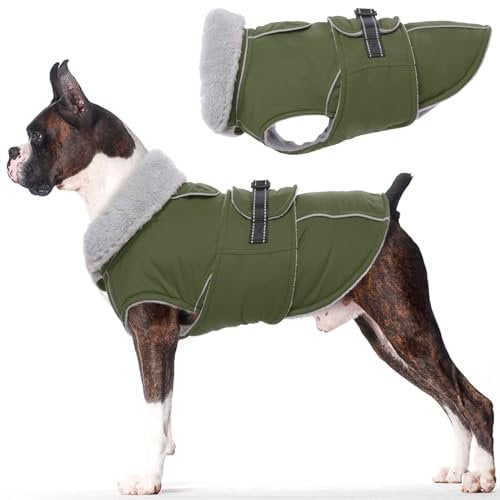Lelepet Warm Coats and Jackets for Dogs, Waterproof Winter Dog Coat for Cold Weather, Reflective Dog Puffer Jacket, Fleece Lining Pet Coat with Harness Hole for Medium Dogs, ArmyGreen M