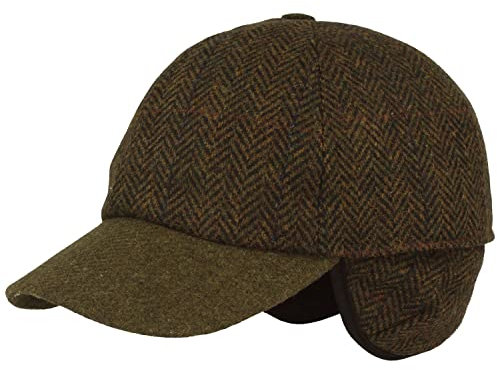 Breiter Herren Winter Baseballcap Schirmmütze Baseball Kappe mit ausklappbarem Ohrenschutz Olive Fischgrät 65