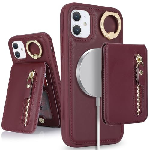 SailorTech iPhone 11 Phone Leather Case with Credit Card Holder Magsafe, iPhone 11 Case Ring Stand with Kickstand Card Slots Wallet Detachable 2-in-1 Zipper Case - Burgundy