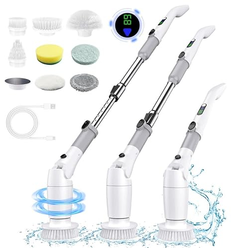 Cepillo Electrico Limpieza hogar, Cepillo Limpieza Electrico sin Cable Velocidad de 550 RPM Velocidad con 8 Cabezales Intercambiables Y Mango Extensible Ajustable para Baño, Cocina, Coche, Paredes