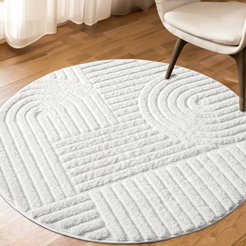payé Teppich Rund - 200x200cm - Hochflor - Boho - Pastell Creme Grau - Einfarbig - Modern Geometrische Muster- Skandinavisch Flauschig Weich - Schlafzimmer Dekoration