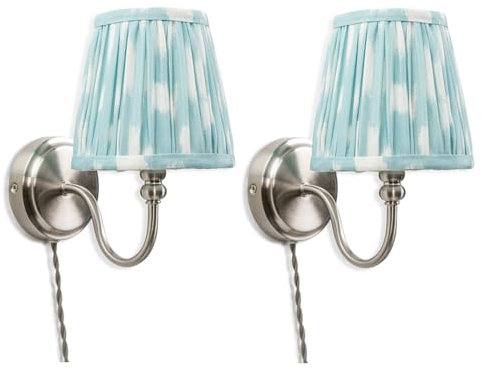 ValueLights | Plug in Antique Brushed Chrome Wall Lights with Blue Pleated Fabric Tapered Lampshade | Wall Lamps & Sconces, Home Décor & Improvement Essential | Pair of 2