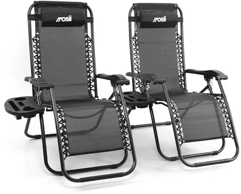 Mosii Sun Loungers For Garden Chairs Set of 2, Heavy Duty Zero Gravity Chairs With Cup Holders & Headrest Pillow, Folding Garden Recliner Chairs Sunloungers For Deck Chair, Patio, Beach Lounger