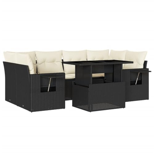 vidaXL Garten Sofa Garnitur 7-TLG., Gartenmöbel Set mit Kissen Modular, Lounge Sitzgruppe für Garten Terrasse, Gartentisch Verstellbare Tischplatte, Schwarz Poly Rattan