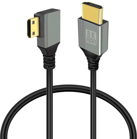 GELRHONR 90 Degree Mini HDMI to HDMI Cable, 8K Mini HDMI 2.1 Cable Ultra Slim Flexible Lead Supports 8K@60Hz/4K@60Hz/48gbps for DSLR amcorder, Laptop, Tablet and Graphics (Left Angle (1.64ft))